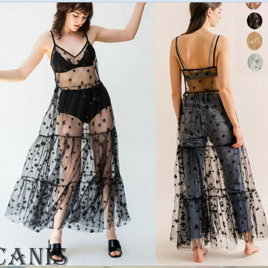 Damen Transparente Maxikleid aus Chiffon mit Sternen-Design und mehrlagigem Saum R&B