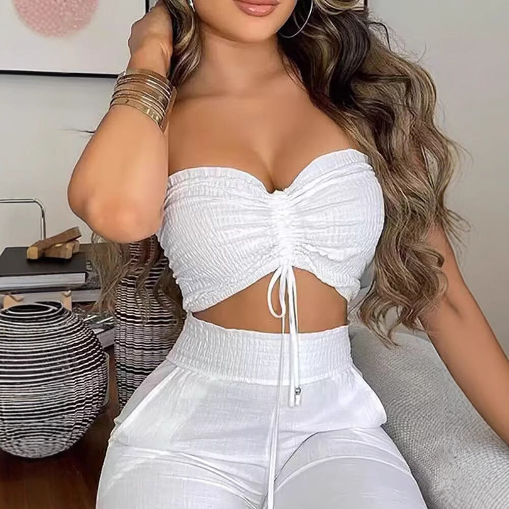 Damen Zweiteiliges Outfit aus leichtem Material mit verstellbarem Crop-Top und High-Waist-Hose R&B