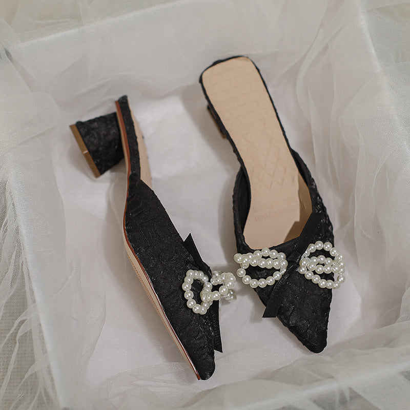 Damen elegante Mules mit perlenverziertem Schleifendetail R&B