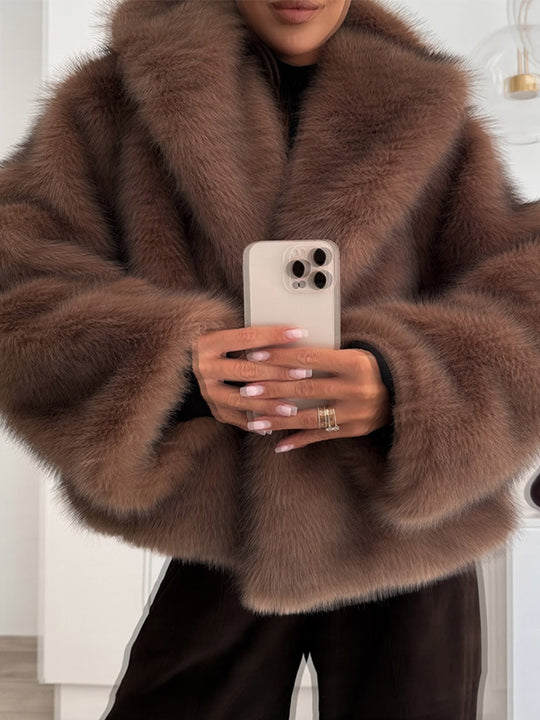 Damen stylischer Kunstfellmantel mit breitem Kragen R&B