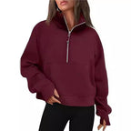 Damen kuscheliger Half-Zip Pullover mit Kapuze und Kängurutasche
