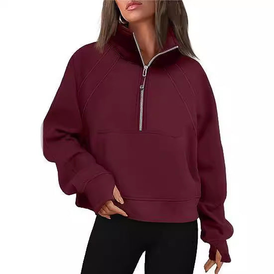 Damen kuscheliger Half-Zip Pullover mit Kapuze und Kängurutasche
