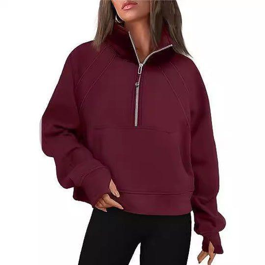 Damen kuscheliger Half-Zip Pullover mit Kapuze und Kängurutasche R&B