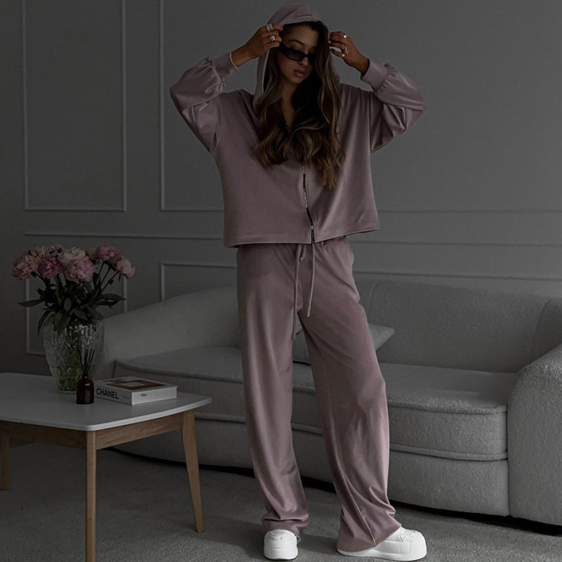 Damen sportliches Fleece-Jogginganzug mit Kapuze und weitem Schnitt R&B