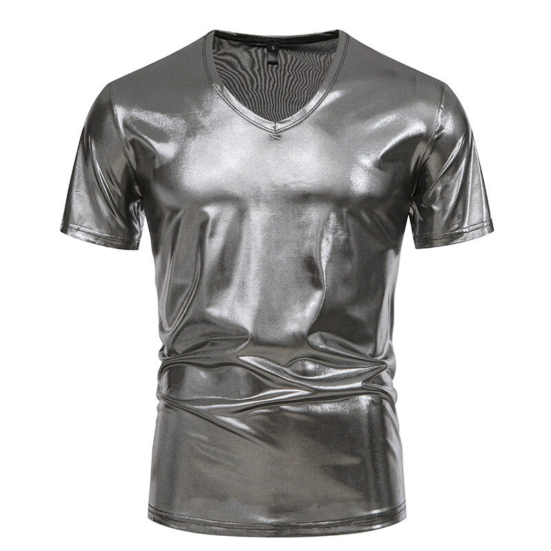 Herren V-Ausschnitt T-Shirt aus glänzendem Material mit persönlichem Stil R&B