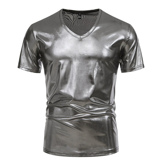 Herren V-Ausschnitt T-Shirt aus glänzendem Material mit persönlichem Stil R&B