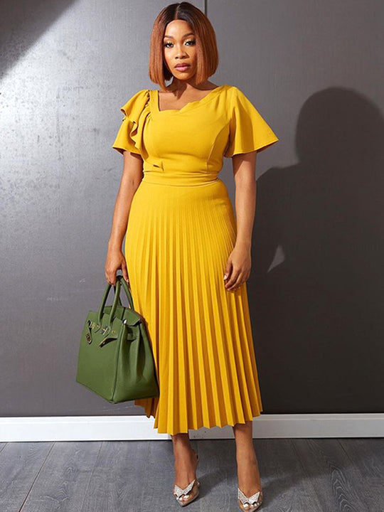 Damen elegantes Plisseekleid mit asymmetrischem Rüschen-Detail R&B