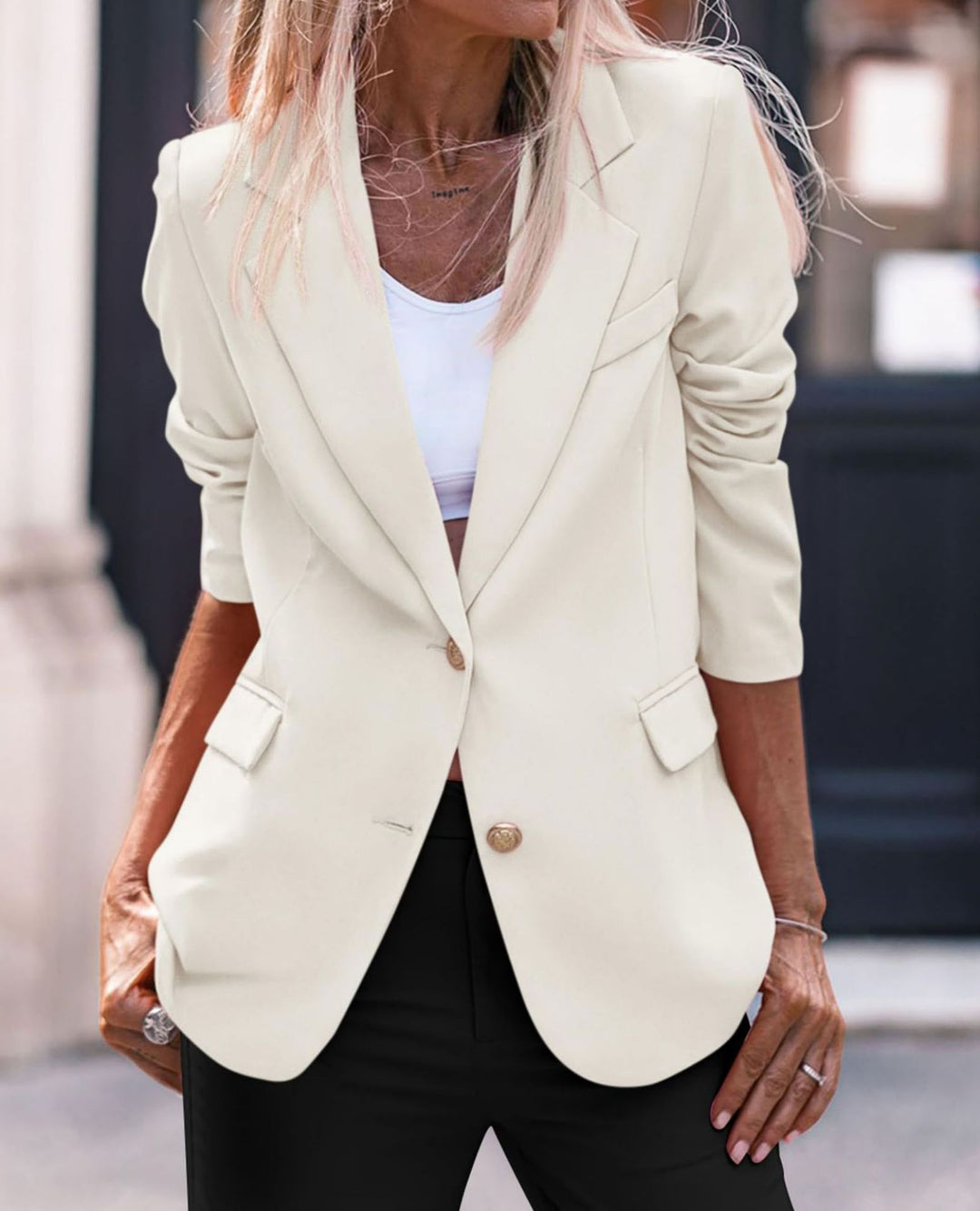 Damen Eleganter Einreiher Blazer mit goldenen Knöpfen und tailliertem Schnitt R&B