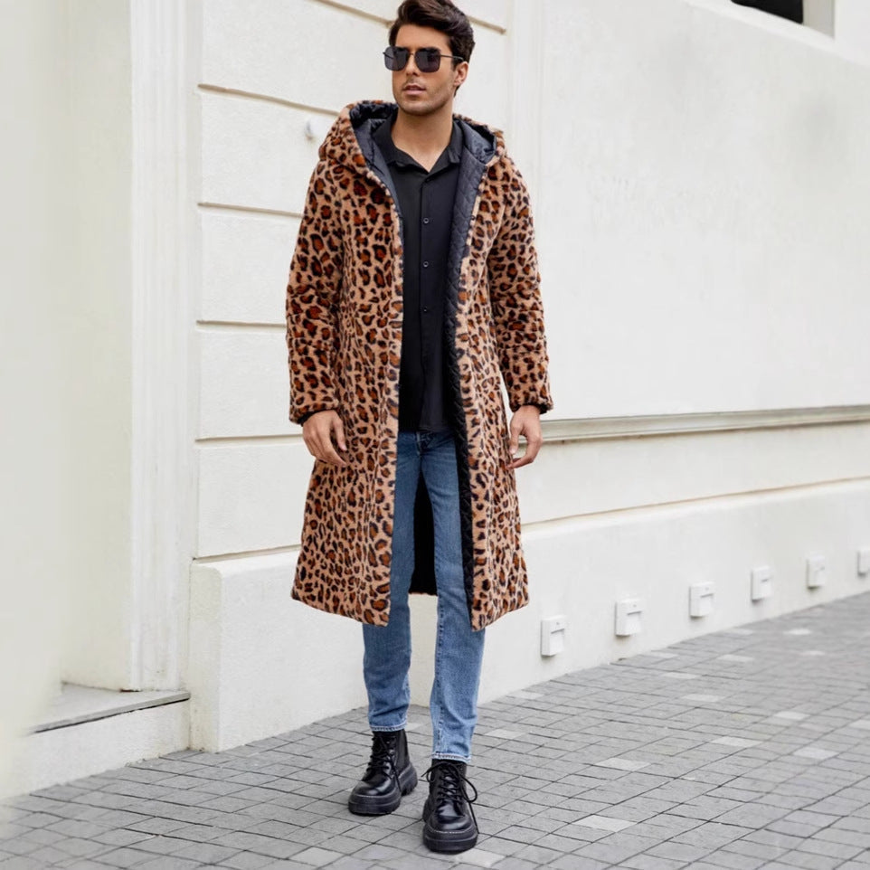 Herren Eleganter Kunstfellmantel mit Leopardenmuster R&B