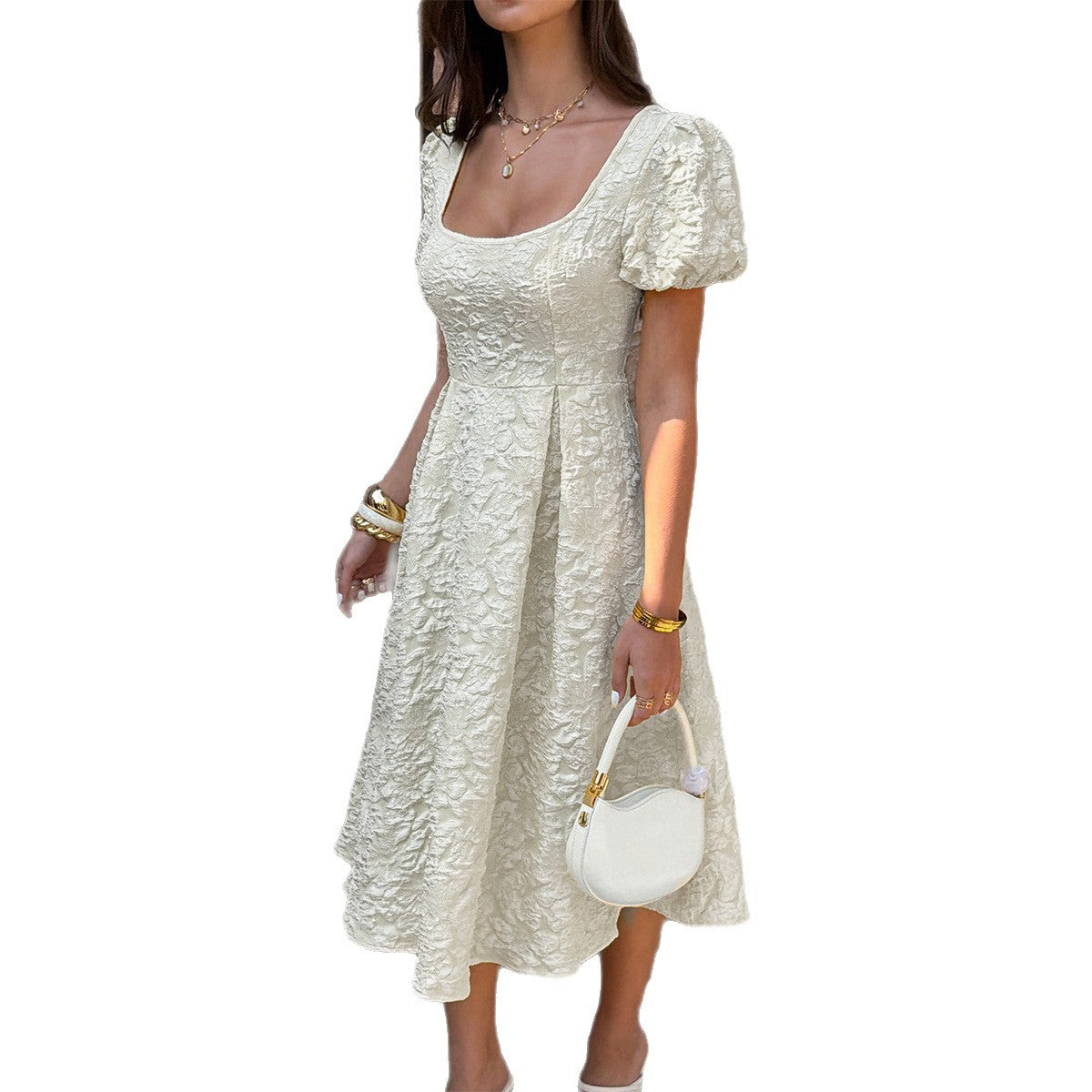 Damen Midi-Kleid mit Puffärmeln und detailliertem Strukturdesign R&B