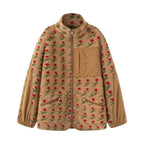 Damen nan Teddy-Fleece Jacke mit floralem Muster, Feincord-Einsätzen, Stehkragen und Reißverschluss R&B