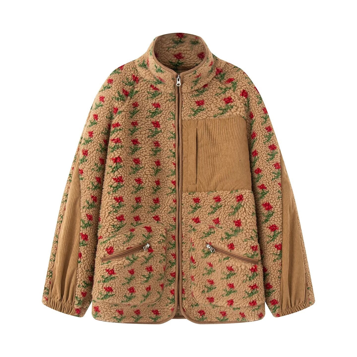 Damen nan Teddy-Fleece Jacke mit floralem Muster, Feincord-Einsätzen, Stehkragen und Reißverschluss R&B