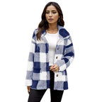 Damen Kuschelige Karojacke mit Druckknopfverschluss und Seitentaschen
