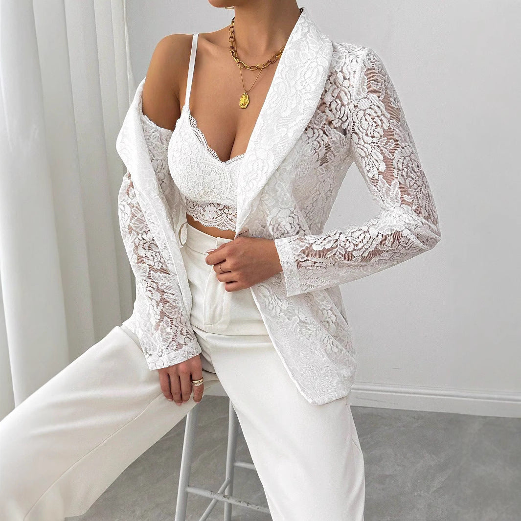 Damen nan Spitzenblazer mit Schalkragen und floraler Transparenz R&B