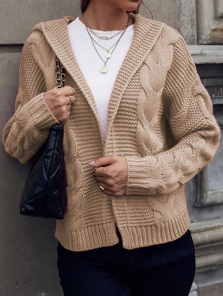 Damen Strickjacke mit Kapuze und dekorativem Kabelmuster R&B