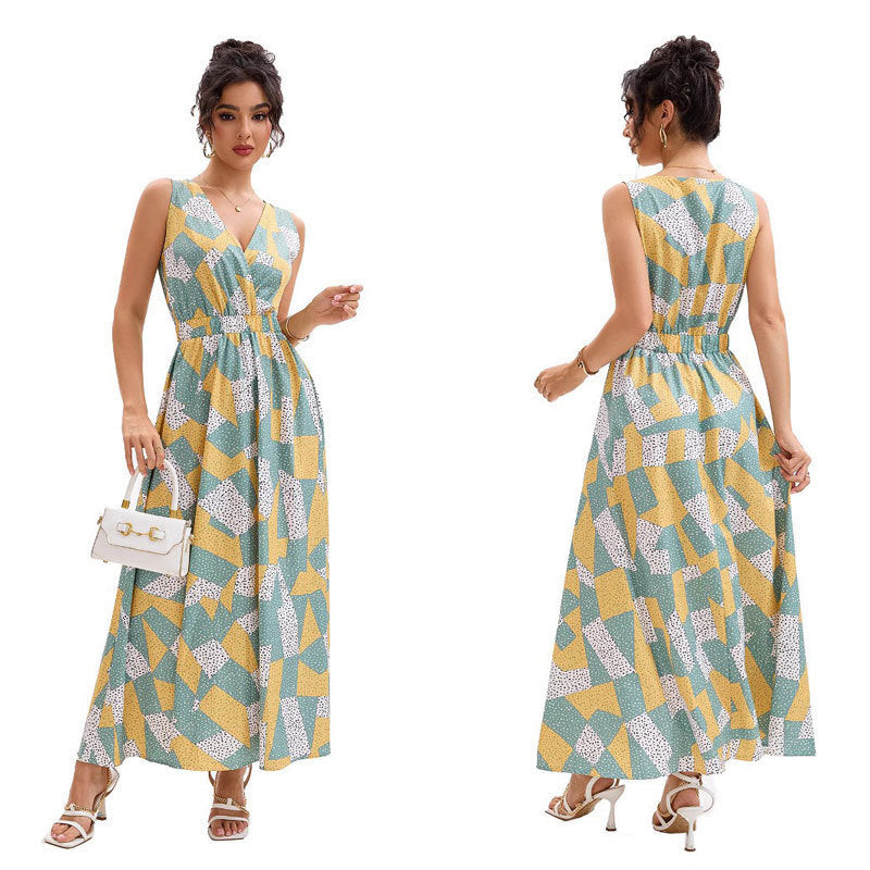 Damen Maxikleid mit tiefem V-Ausschnitt und modischem geometrischen Muster R&B