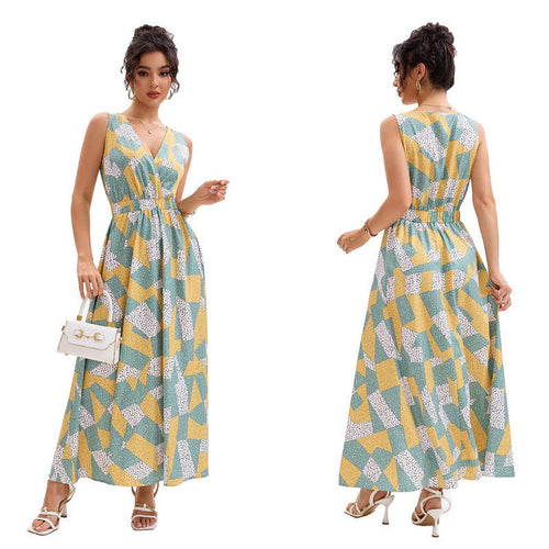Damen Maxikleid mit tiefem V-Ausschnitt und modischem geometrischen Muster R&B