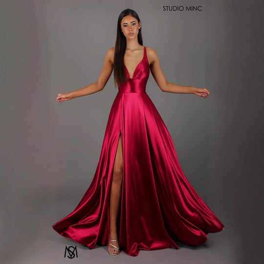Damen Elegantes Maxikleid mit tiefem V-Ausschnitt und modischem Schlitz R&B