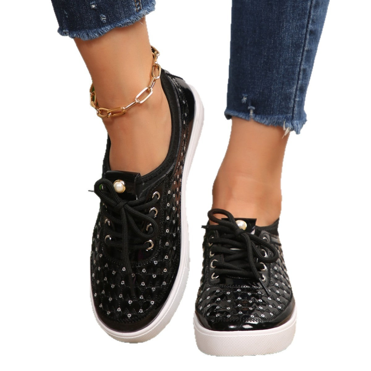 Damen modische Sneakers mit glitzernden Pailletten und präziser Schnürung R&B