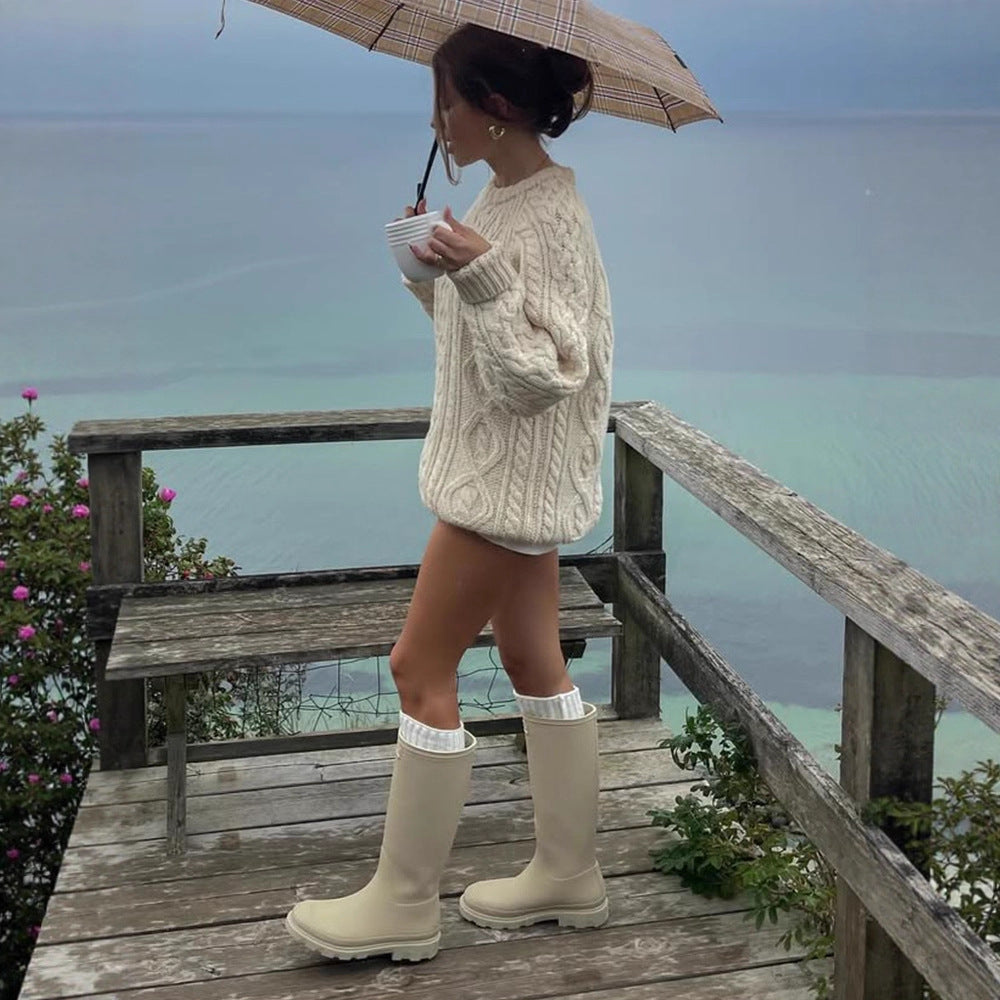 Damen Strickpullover mit Zopfmuster und weiten Ärmeln R&B