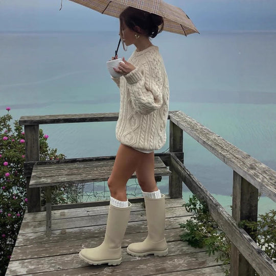 Damen Strickpullover mit Zopfmuster und weiten Ärmeln R&B