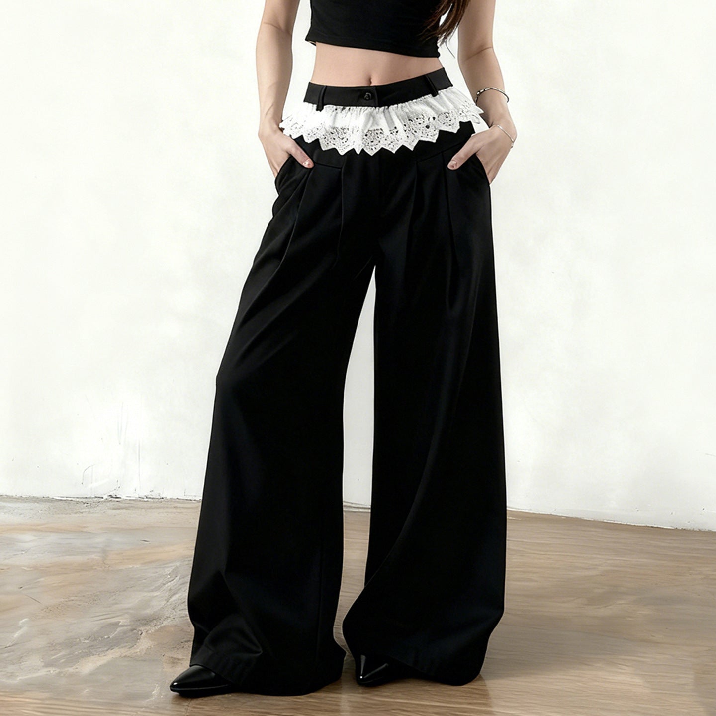 Damen Elegante weite High-Waist-Hose mit Spitzenbesatz R&B