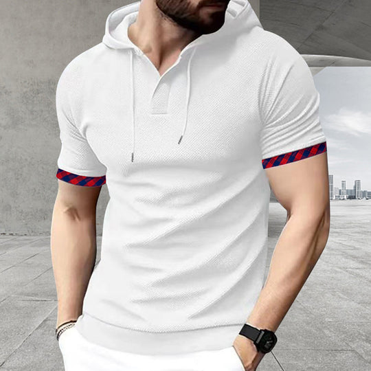 Herren nan schmal geschnittenes Kurzarm-Kapuzenshirt im Polostil mit Henley-Ausschnitt und karierter Ärmelmanschette R&B