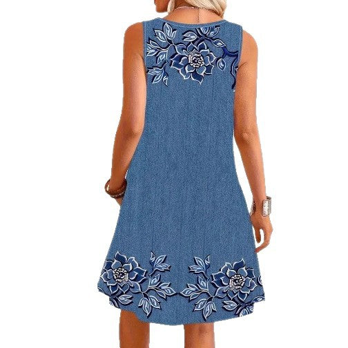 Damen nan ärmelloses Jeanskleid mit floraler Stickapplikation, durchgehender Knopfleiste und aufgesetzten Taschen R&B