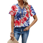 Damen Kurzarm T-Shirt mit knöpfbarem Ausschnitt und verspieltem Batik-Design R&B