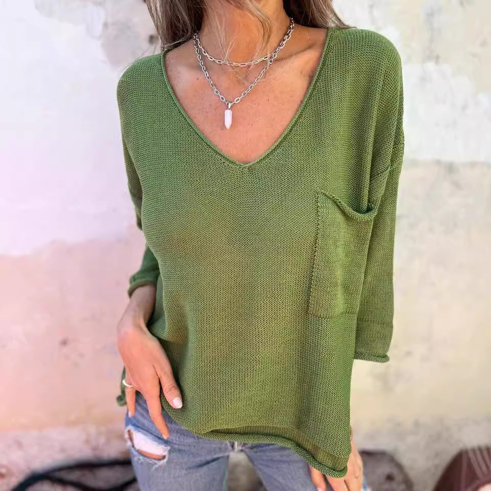 Damen Leichtes und lässiges Strickoberteil mit V-Ausschnitt und Taschen R&B