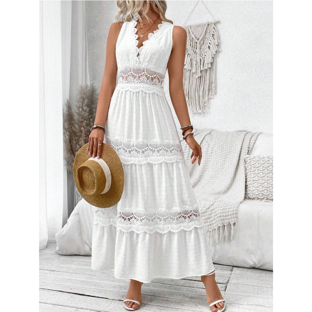 Damen romantisches Maxikleid mit Spitzenapplikationen und punktiertem Design R&B