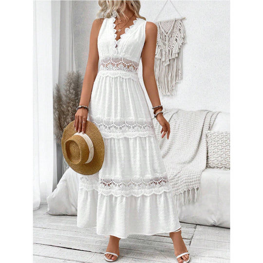 Damen romantisches Maxikleid mit Spitzenapplikationen und punktiertem Design R&B