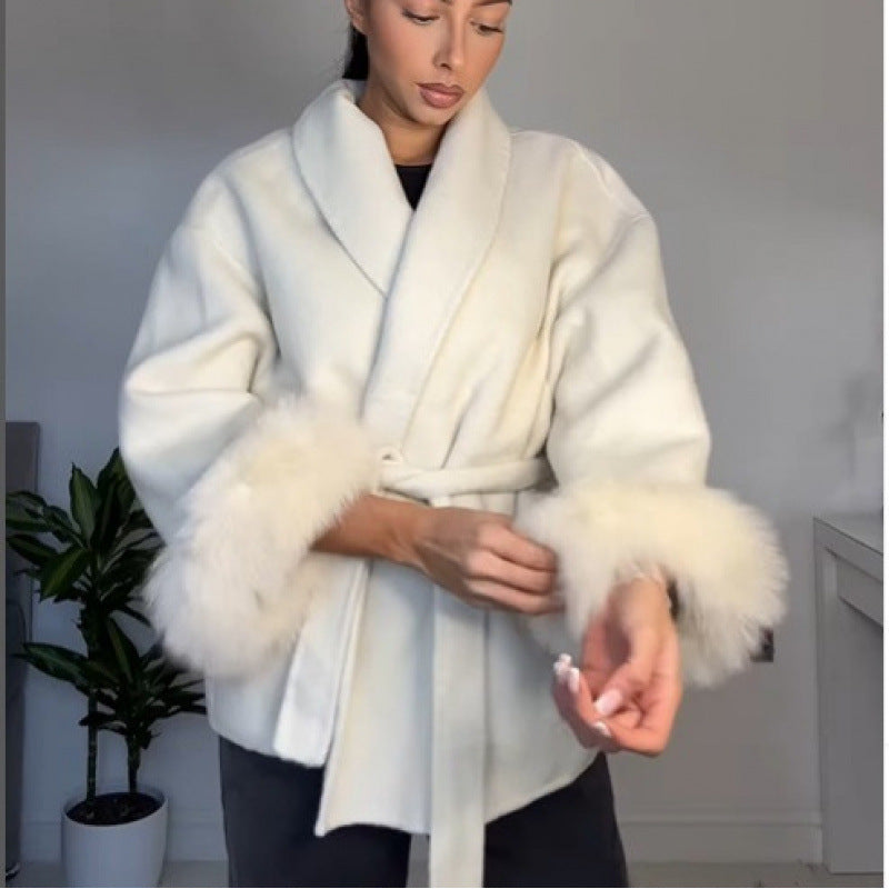 Damen Fuzzi-Robenjacke mit elegantem Gürtel und luxuriösen Ärmeln aus Plüsch R&B