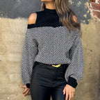 Damen Strickpullover mit Schulterfreiem Design und Stilvollem Zickzackmuster R&B