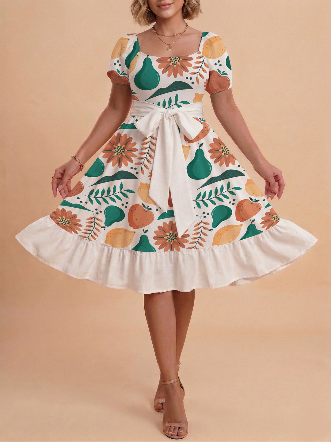 Damen Sommerliches Blumenkleid mit taillierbarem Gürtel und voluminösen Ärmeln R&B