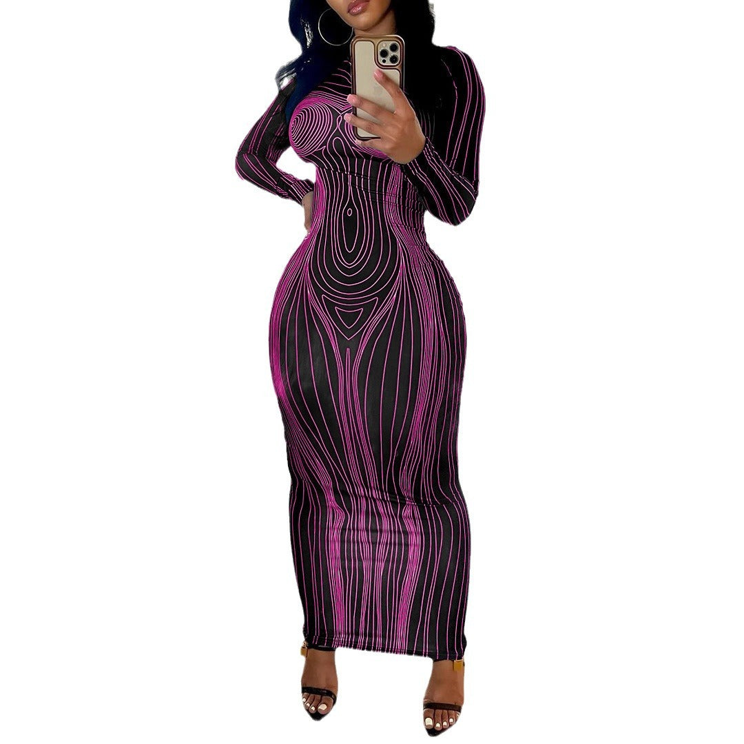 Damen Figurbetontes Langarmkleid mit einzigartiger Linienstruktur R&B