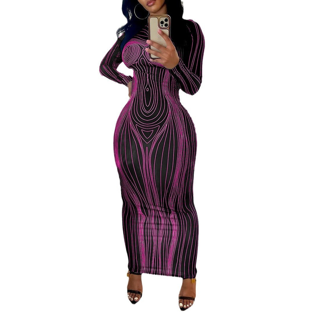 Damen Figurbetontes Langarmkleid mit einzigartiger Linienstruktur R&B