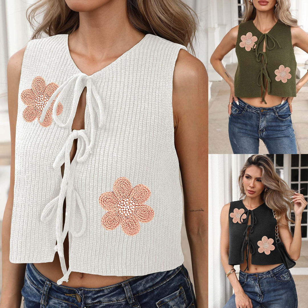 Damen kurzes Stricktop mit Blumenapplikationen R&B