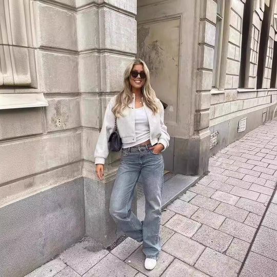 Damen Cropped Jacke mit modernem Stehkragen und Druckknopfverschluss R&B