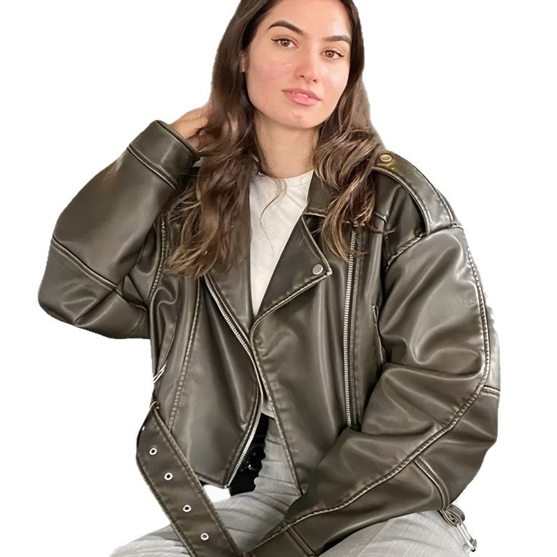 Damen Kunstleder Bikerjacke mit weitem Schnitt und umfangreichen Details R&B