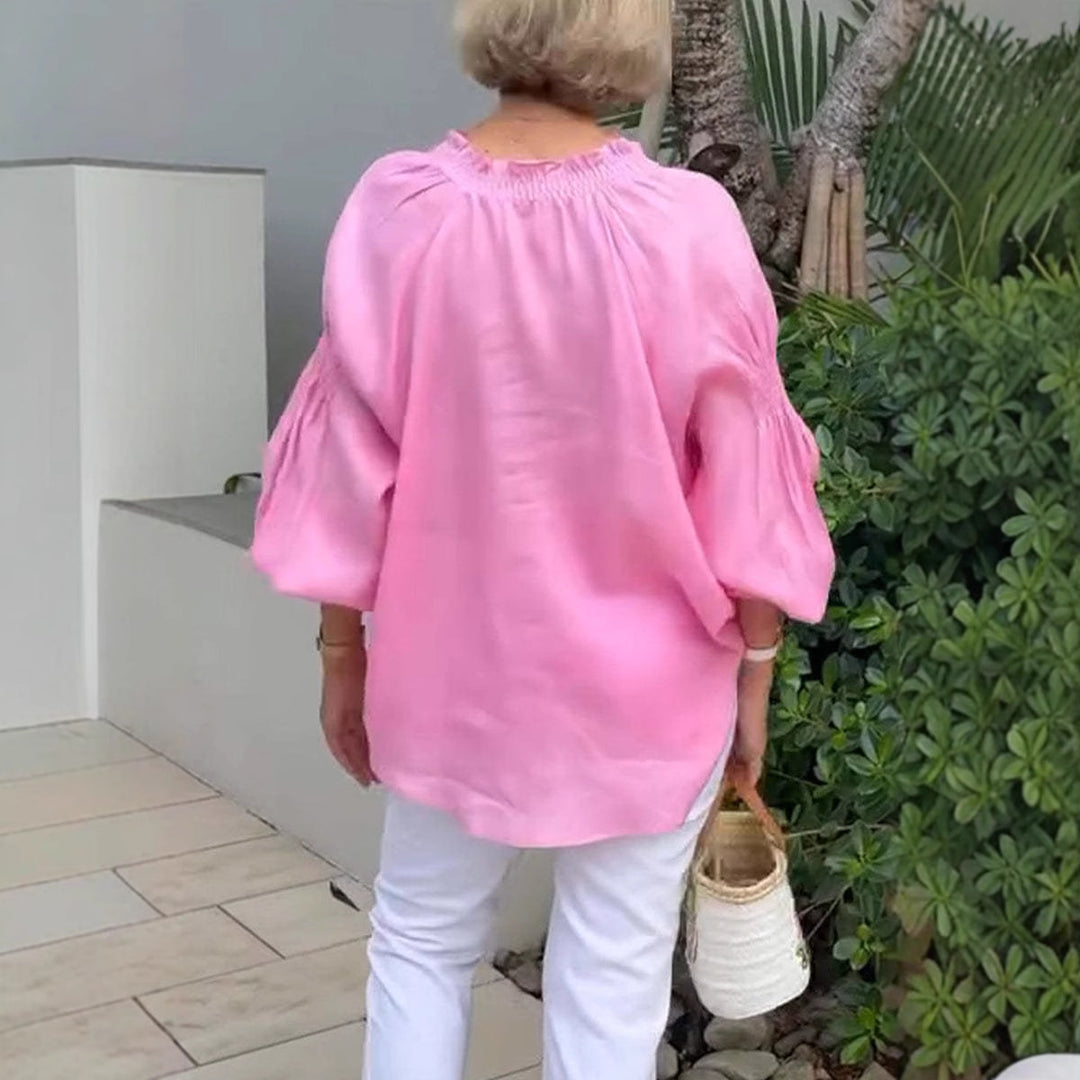 Damen lässige Kleidungsbluse mit Ballonärmeln und Knopfleiste R&B