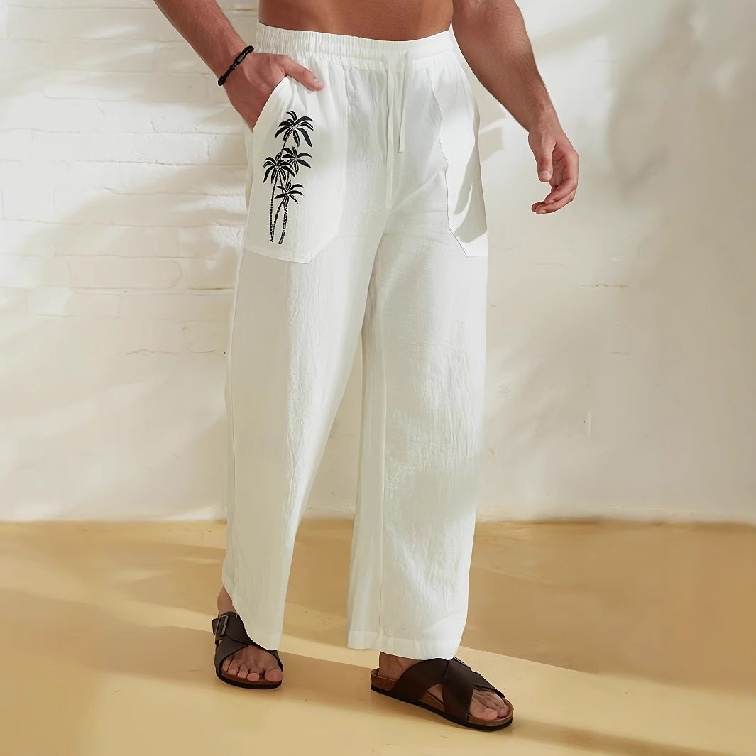 Herren lässige Leinen-Relax-Hose mit palmenmotivierten Taschen