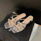 Damen elegante Sandalen mit funkelnder Strass-Applikation und bequemer Blockabsatz