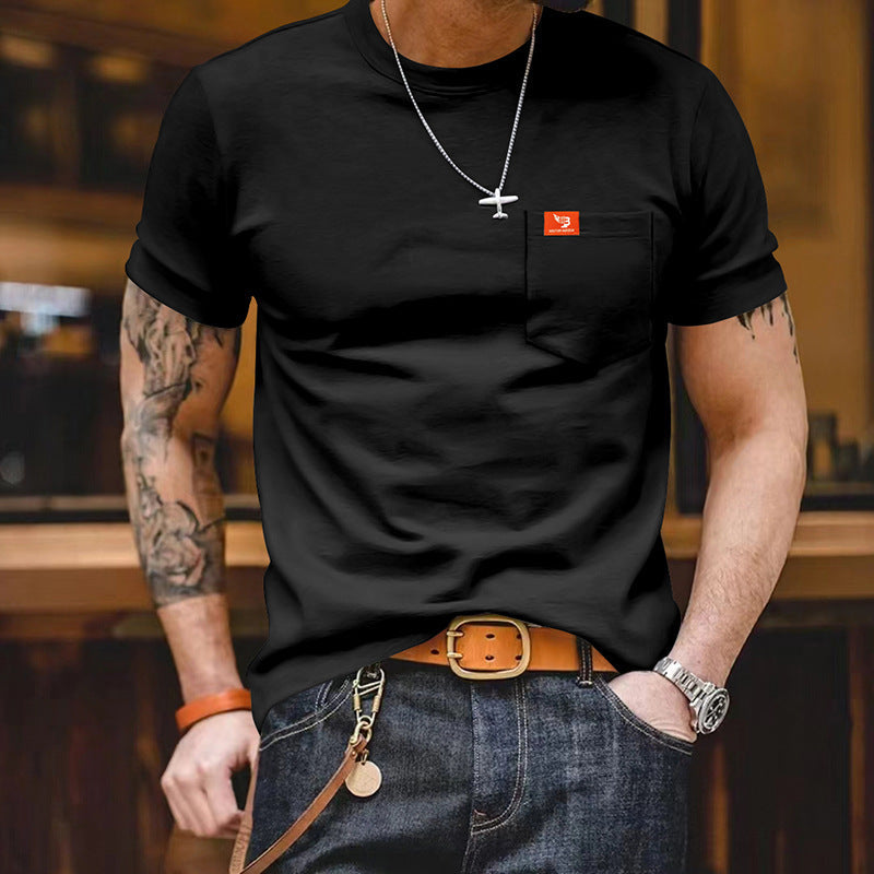 Herren klassisches Kurzarm T-Shirt mit Brusttasche aus hochwertiger Baumwolle R&B