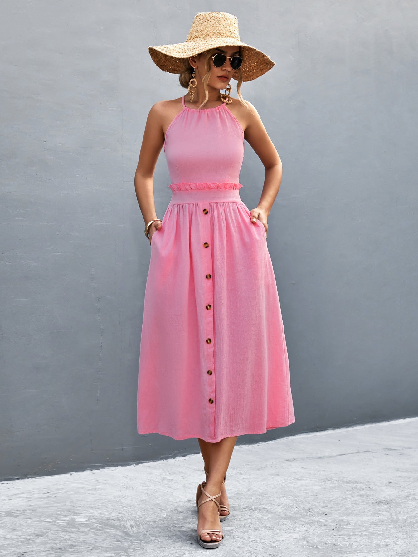Damen Maxikleid mit hohen Trägern, elastischem Bund und dekorativen Knöpfen R&B