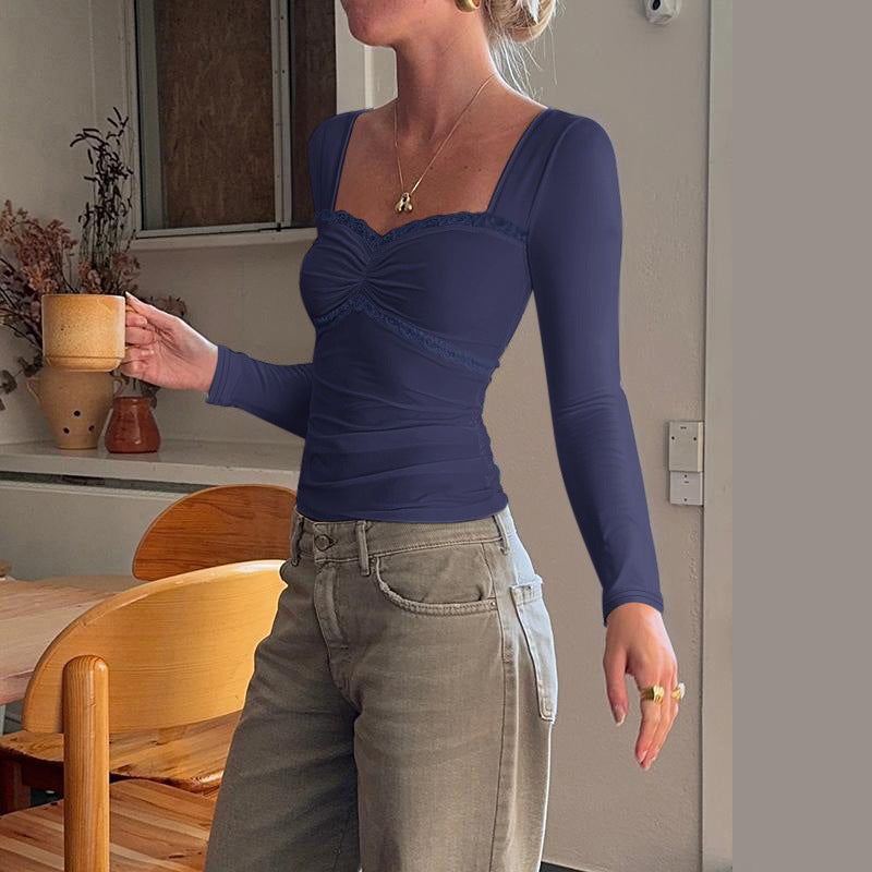 Damen Longsleeve Oberteil mit dekadenter Spitzenborte und raffiniertem Drapierungsdetail EB