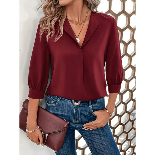 Damen Elegante Viskosebluse mit 3/4-Ärmeln und V-Ausschnitt R&B