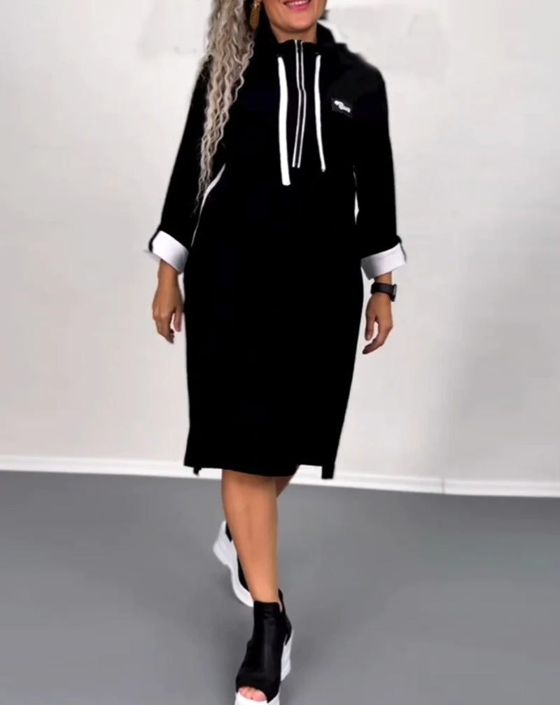 Damen nan Hoodie-Midikleid mit Kapuze, Kordelzug und krempelbaren Manschetten R&B