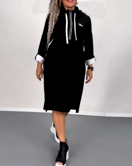 Damen nan Hoodie-Midikleid mit Kapuze, Kordelzug und krempelbaren Manschetten R&B
