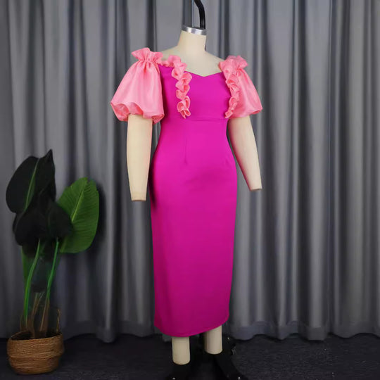 Damen figurbetontes Abendkleid mit voluminösen Rüschenärmeln R&B